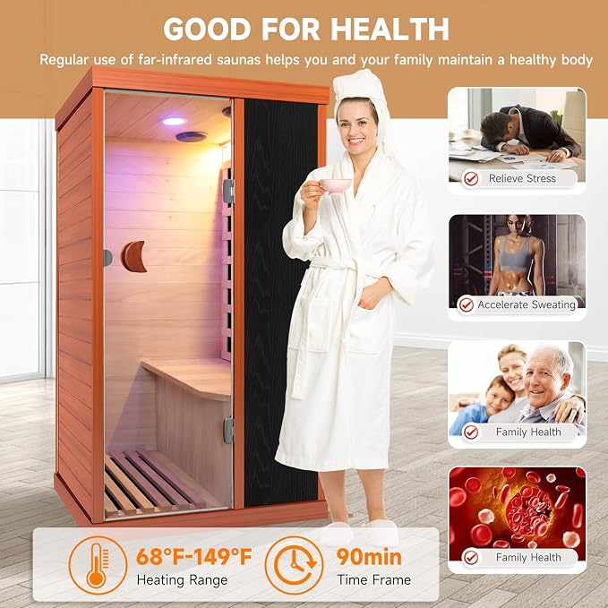 OUTEXER 1 Person Sauna Far Infrared Sauna 1200W Indoor Home Sauna Low EMF 110V with Control Panel 7 Color Light 28.7 * 35.2 * 61.4 inch
