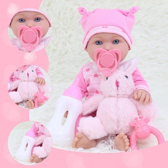 ZITA ELEMENT 12″ Baby Doll Playset with Doll Clothes and Accessories Includes Doll Clothes, Rabbit Toy, Feeding Set for New Born Baby Doll for Toddlers 3 Ages and Up
