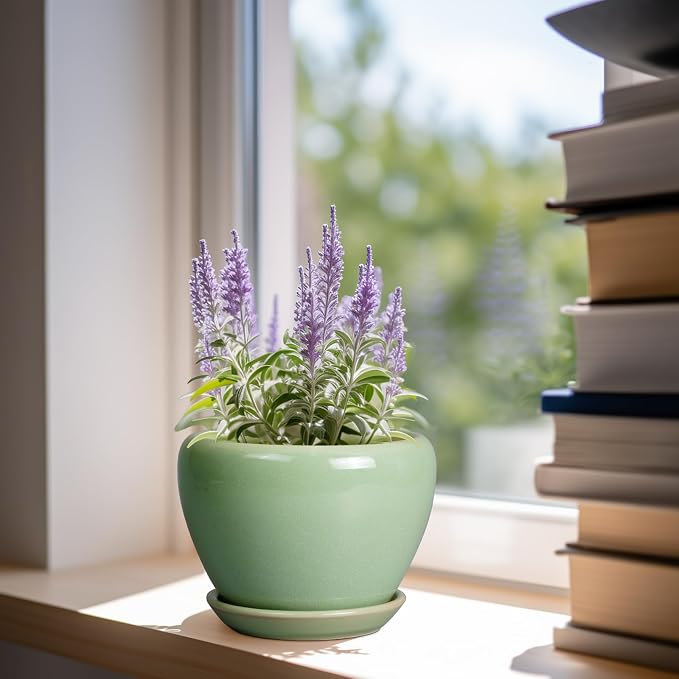Ceramicfor 6 Inch Plant Pot - Ceramic Planter for Indoor Plants Round Planter Outdoor Plant Pot with Drainage Hole and Saucer Modern Flower Pot for Succulent Garden Green