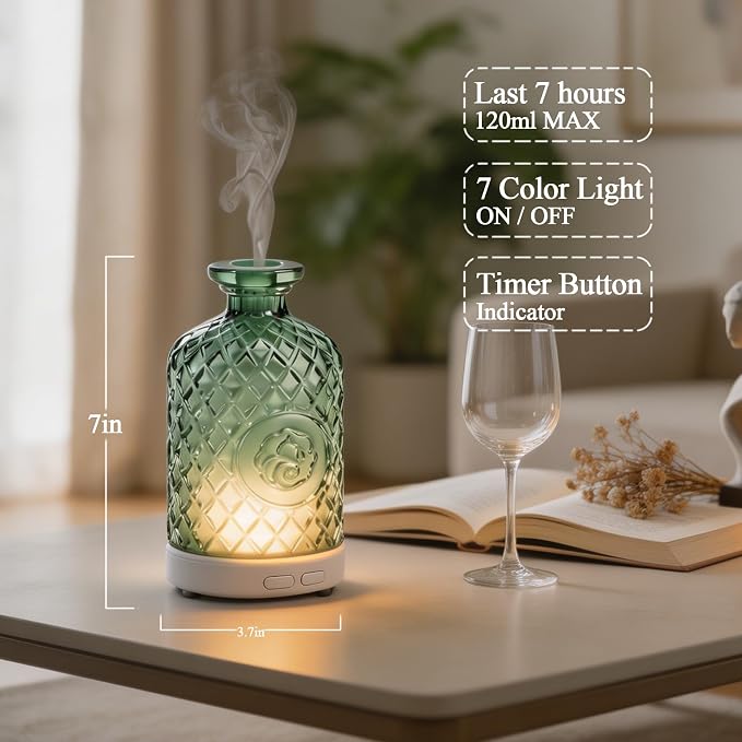 Glass Essential Oil Diffuser,100ml Aromatherapy Diffuser(Green) | Ultrasonic Cool Mist Humidifier with 7-Color LED Lights, BPA Free, Auto Shut-Off, for Home Yoga Bedroom Office Spa