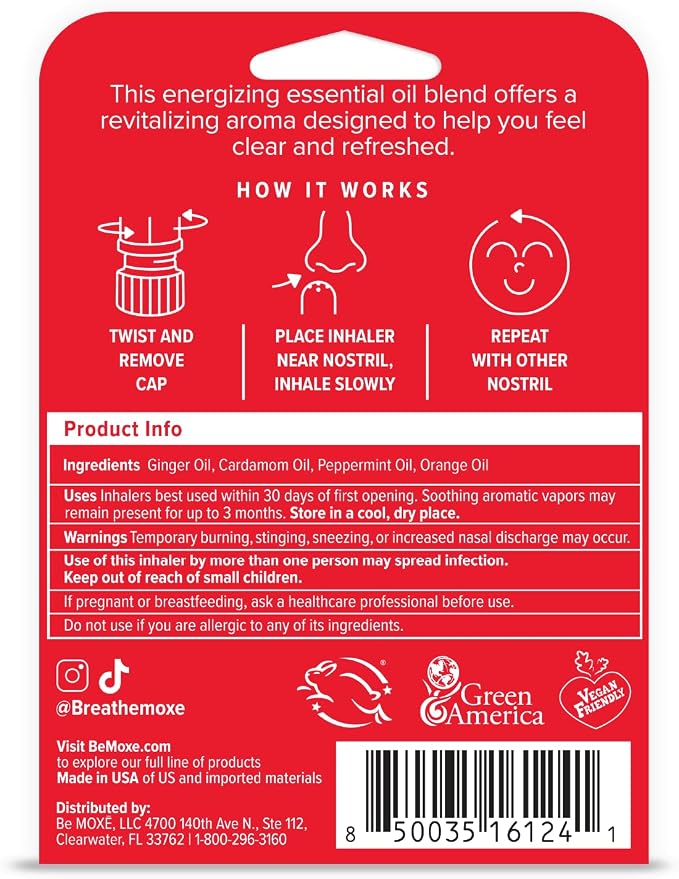 MOXE Nausea Nasal Inhaler Sticks, All Natural Essential Oil Blend, Ginger, Cardamom, Peppermint, Sweet Orange, Upset Stomach, Headaches, Easy-to-Use Portable Aromatherapy, Made in USA, 1 Pack
