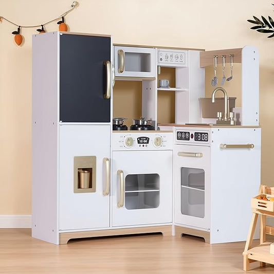 Play Corner Kitchen, Ultimate Interactive Wooden Kids Playset with Light, Montessori Pretend Play Toys, Kids Cooking Playset for Girls & Boys Ages 3+(White)