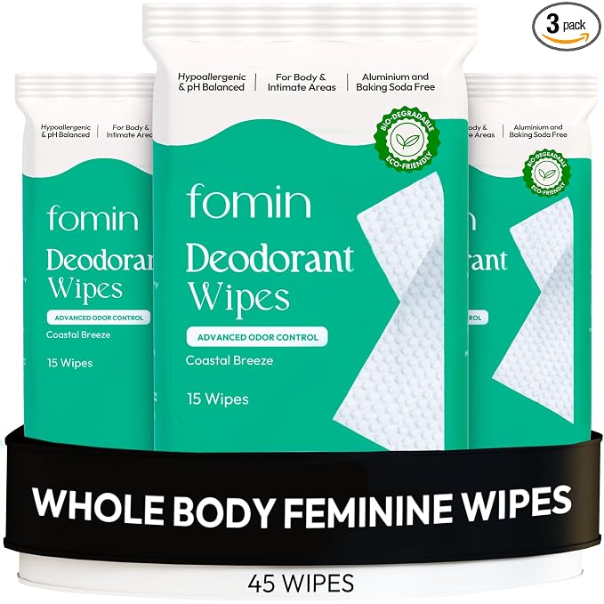 FOMIN Acidified Deodorant Wipes For Women - 45 Count - Coastal Breeze – Hypoallergenic, pH Balanced Whole Body Wipe - Plastic-Free, Exfoliating & Advanced Odor Control Underarm Body Wipes