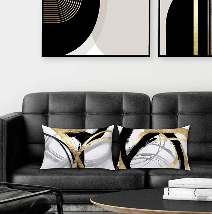 Black White and Gold Pillow Covers, Abstract Black and Gold Pillow Covers 16x24 Set of 2, Modern Boho Home Decor, Black and Gold Decorative Throw Pillows Cover for Couch Living Room Bedroom