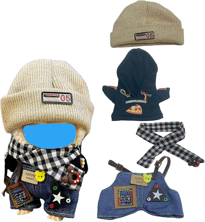 17cm Plush Doll Clothes Wardrobe Set - Clothes for Dolls Faux Fur Outfit Bundle (Hat+Top+Pants+Accessories) for Cute Collectible Figure Display (NO Doll) Included (Style-A, 17cm/7inch)