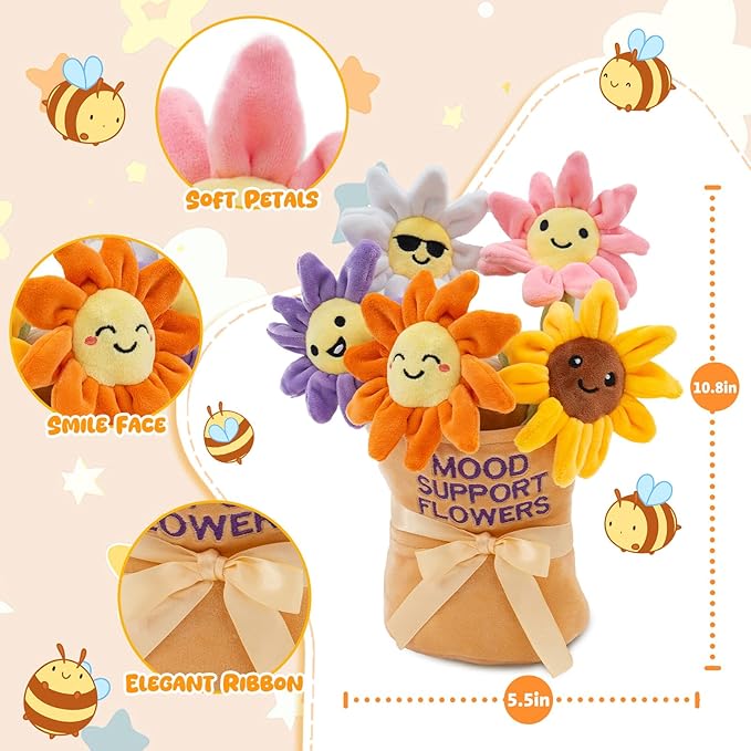 Mood Support 5 Bendable Flower Plush Bouquet in Basket| Emotional Encouraging Support Stuffed Animals Toys, Squishy Daisy & Sunflower Stems | Valentine's Day Gifts for Her, Wife, Girlfriend