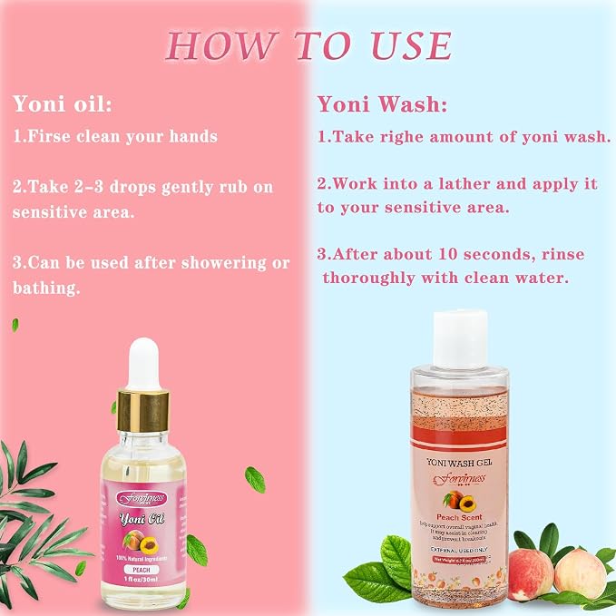 forvirness Natural Feminine Wash Yoni Oil Set, Body Cleanser with Cleaning Factor, Yoni Wash for Women pH Balance,1 fl.oz Peach Feminine Oil & 6.7 fl.oz Intimate Cleanser