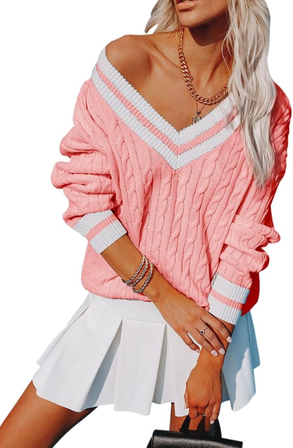 Aoudery Womens V Neck Oversized Sweaters Long Sleeve Cable Knit Pullover Striped Chunky Sweater Casual Tennis Tunic Tops