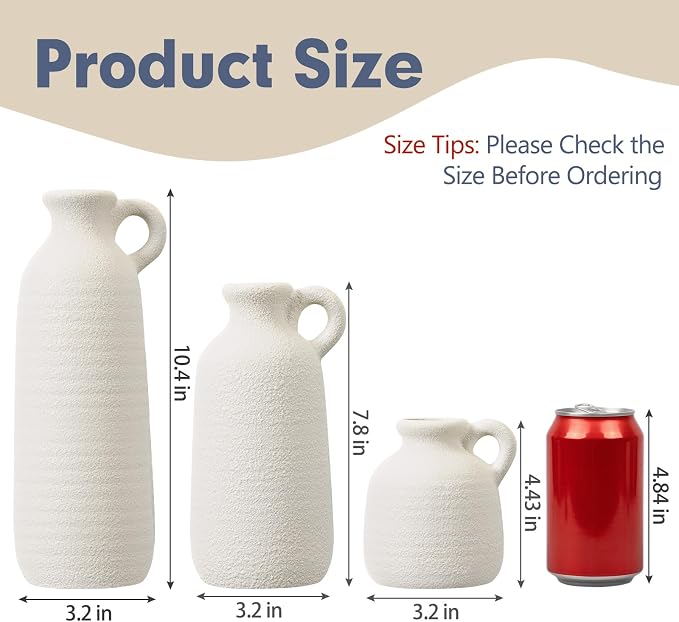White Ceramic Vase Set of 3 with Handle, Waterproof Vases for Pampas Grass | Farmhouse Vases Home Decor for Dried Flowers, Flower Vase for Table Living Room Home Decor