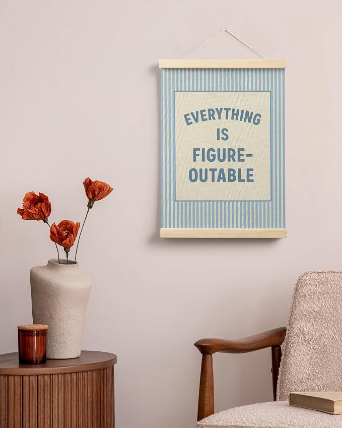 FGFK Preppy Blue Everything Is Figureoutable Inspirational Wall Art Poster Hanger Frame, Trendy Blue Striped Positive Affirmations Canvas Prints Framed Wall Decor for Girls Bedroom Dorm, 12x16 Inch