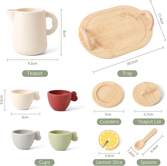 Youuys Wooden Tea Party Set for Toddler 3-5,Kids Tea Sets for Little Girls 4-6, 14pcs Silicone Kitchen Accessories, Pretend Play Montessori Toys with Tray for 3 4 5 6 Year Old Birthday
