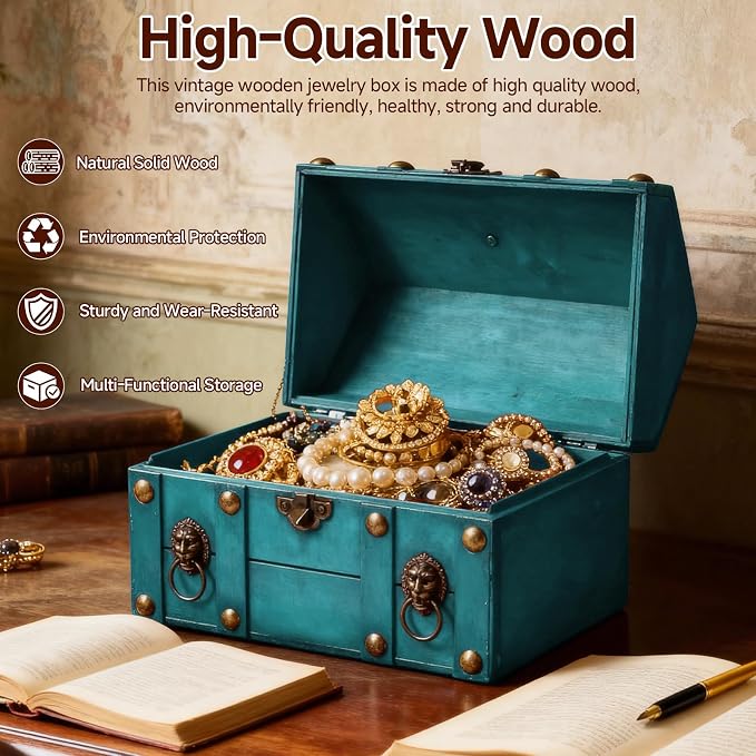 Large Vintage Wooden Treasure Chest Antique Box with Metal Lock | Wood Jewelry Box Storage Decorative Boxes Handmade Rectangle Organizer for Women Ring Necklace Earring Coins Collectibles