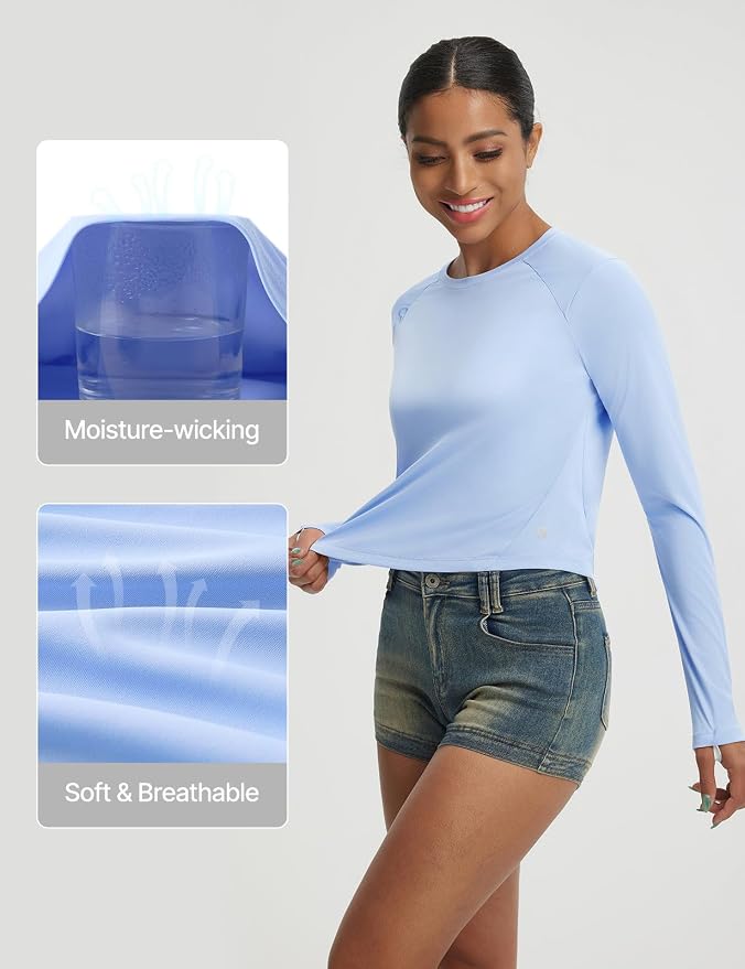 baleaf Women's UPF 50+ Long Sleeve Sun Shirts Crop Rash Guard UV Workout Tops SPF Slim Fit Lightweight Athletic Hiking