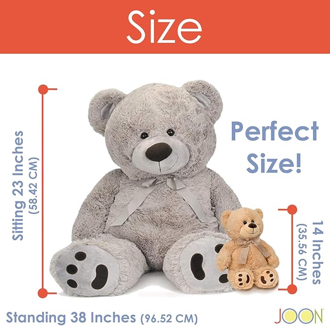 JOON Huge Teddy Bear - 38 Inches, Light Gray, Fluffy Faux Fur, Ribbon & Bow Signature Footprints- Huggable & Lovable Joy – Gift for Baby Showers, Loved Ones – Perfect Large Cuddly Plush Toy Companion
