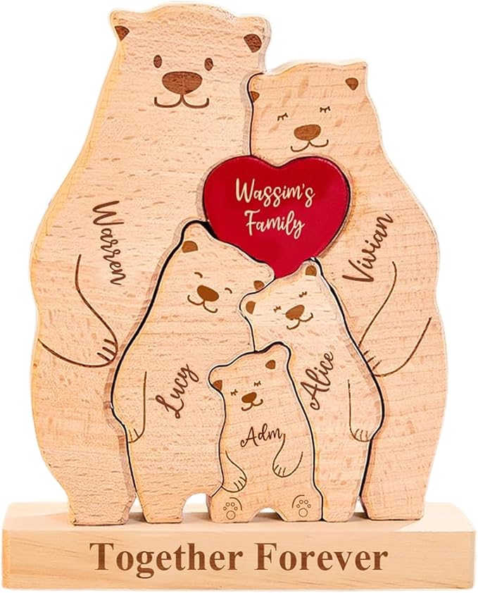 Personalized Wooden Cute Bear Puzzle - Customizable with 2-6 Names Bear Family Puzzle, Home Decor Housewarming Gift Unique Christmas, Halloween Wooden Animal Decoration (Cute Bear)