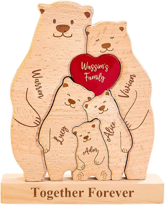 Personalized Wooden Cute Bear Puzzle - Customizable with 2-6 Names Bear Family Puzzle, Home Decor Housewarming Gift Unique Christmas, Halloween Wooden Animal Decoration (Cute Bear)
