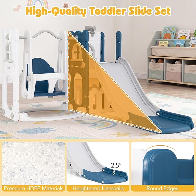 Costzon 7 in 1 Toddle Swing and Slide Set, Freestanding Toddler Slide Playset w/Swing, Basketball Hoop, Kids Slide for Toddler Age 1-3 Playground w/Storage Space, Gifts for Boys Girls (Blue House)
