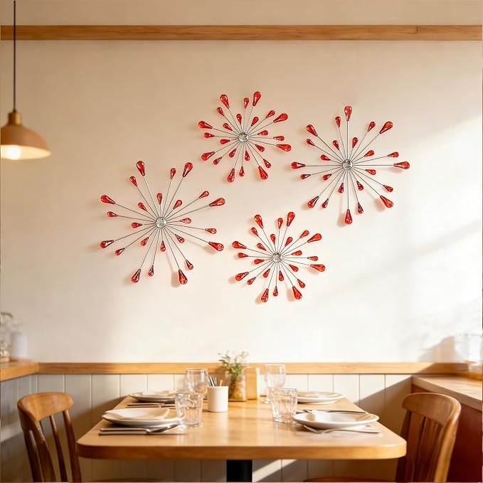 ZEXUIRU 4 Set Silver Starburst Wall Art for Home Decor Metal Bling Crystal Rhinestones Sunburst Wall Decor Sparkling Rhinestone Art Accent -Red 13in/11.8in/9.8in/9.8in