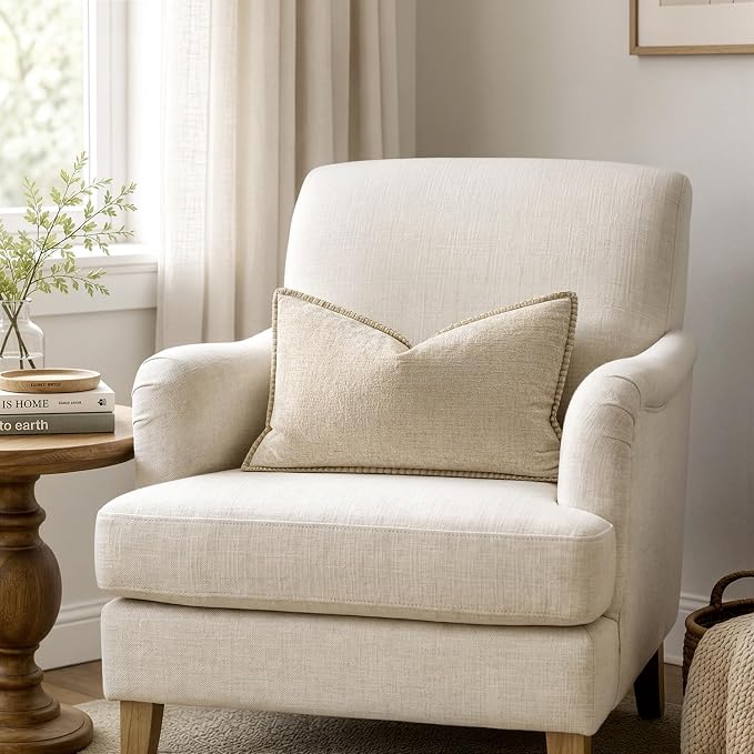 MIULEE Decorative Lumbar Throw Pillow Covers 12x20 Inch Beige 2 Pack | Neutral Farmhouse Pillow Covers with Stitched Edge, Soft Chenille Cushion Cases, for Couch Sofa Bed Living Room Home Decor