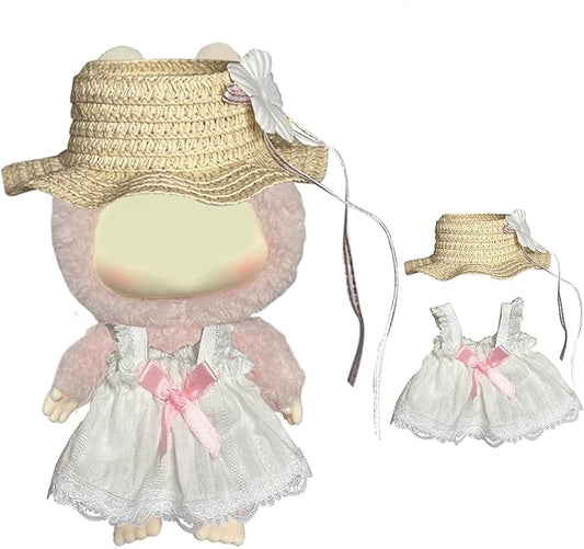 Doll Dress Set, Straw Hat and White Lace Summer Outfit with Bow Accents, Tropical Beach Style Doll Clothes, Hawaiian Vacation
