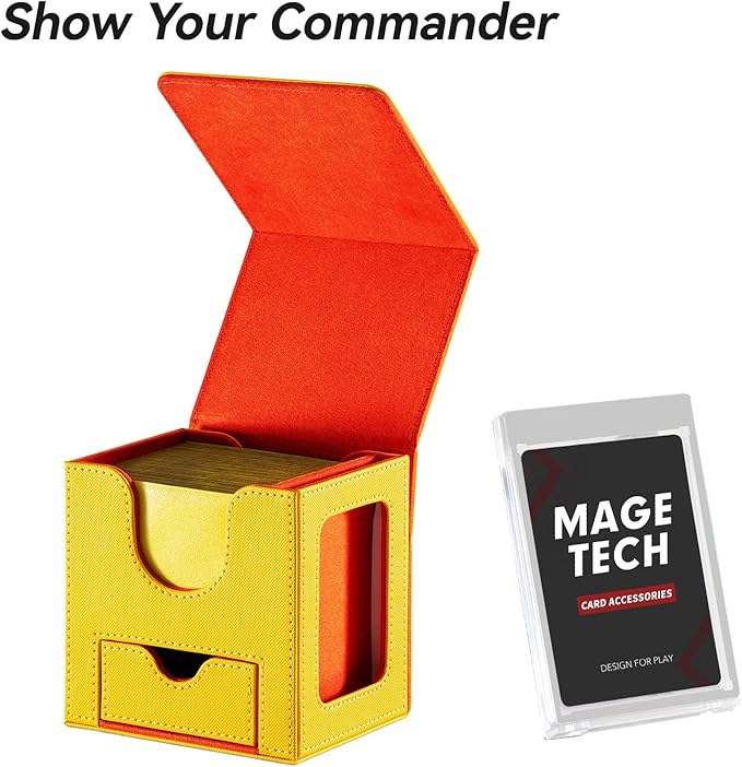 Mage Tech Card Deck Box for MTG Commander - Patented Design, Commander Display, Fits 100 Double-Sleeved Cards, 35pt Card Brick & Dice Tray - Rally