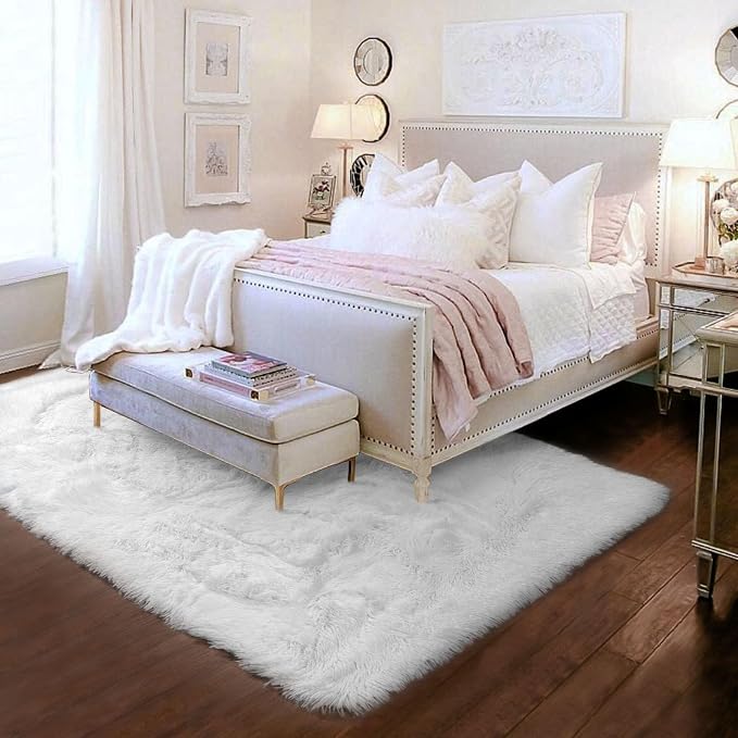 Amdrebio White Area Rugs for Bedroom, Shag Fluffy Bedside Rug for Living Room, Modern Furry Shaggy Throw Rug for Kids Room, Teens, Dorm, Baby Nursery, Cute Fuzzy White Carpet, 3x5 Rug, Home Decor
