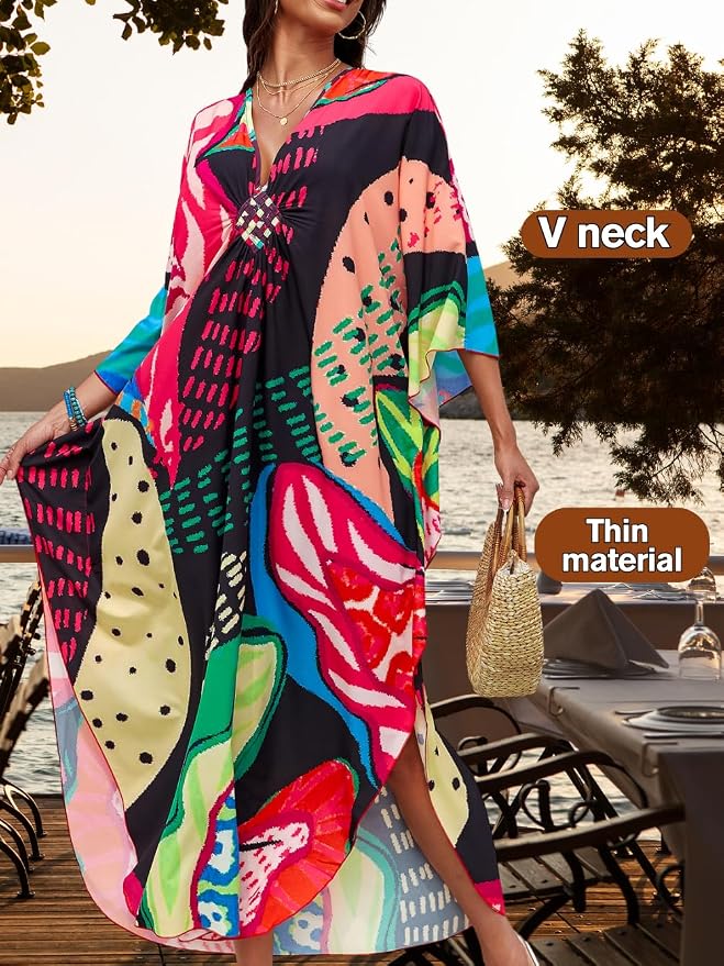 ChiaoLezhee Print Moo-Moos for Women, Kaftan Cover-Up Dresses, Sexy V-Neck High-Slit, Beach Pool-Party Coverups Muumuu Plus