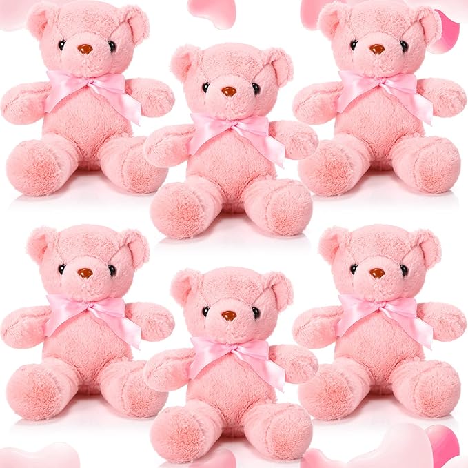 Aoriher 6 Pcs Bear Stuffed Animal Bulk Baby Shower Bear Plush Toys Soft Cute Sleeping and Playing Decorations for Kids Back to School Gift Baby Shower Birthday Party Favor(Pink)