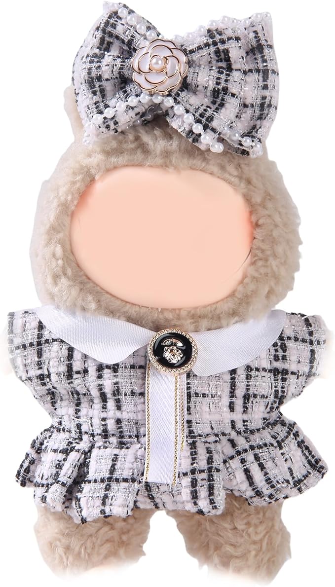 17cm Doll Clothes Set (No Doll) – Outfit with Hat & Overalls, Handmade Accessories for Mini Dolls, OB11-Compatible Dress-Up Gift (White)