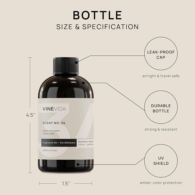 VINEVIDA Fresh Linen Fragrance Oil for Cold Air Diffusers - 4 Fl Oz - Essential Oils for Diffuser Oil Refill & Air Freshener Room Spray