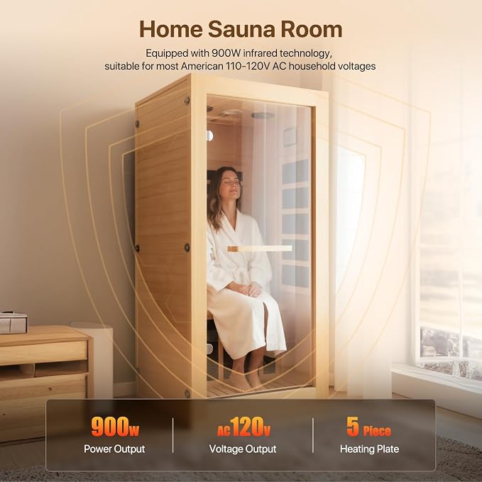 Far Infrared Sauna Home Sauna Room Indoor 1 Person Sauna Wood Saunas 900W 120V with Red Light Bluetooth Speakers 28.35"x32.28"x61.42"