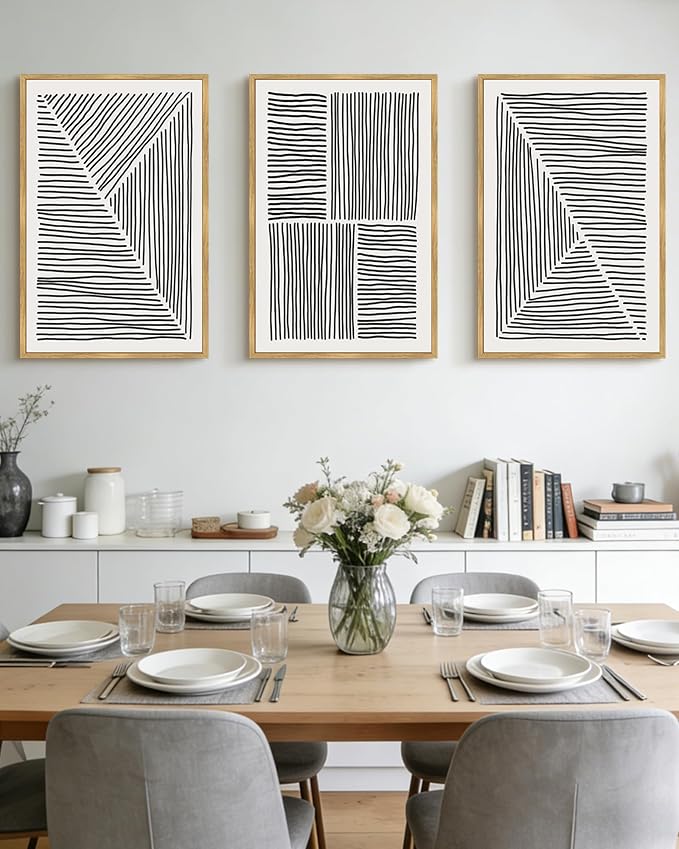 Drsoum Mid-Century Modern Framed Wall Art Large 24x36in Minimalist Abstract Boho Black Line Wall Decor Geometric Artwork Kitchen Dining Room Black Framed