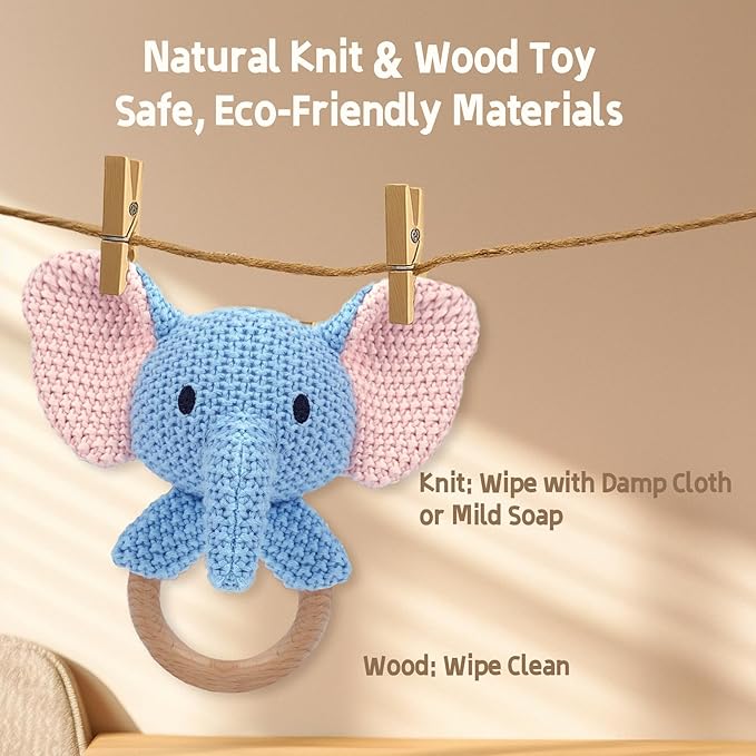 Elephant Baby Rattle Teething Ring Cute Jungle Animal Sensory Toy for Baby Boys Girls 0-3 Months Knitted Crochet Plush Stuffed Texture Montessori Grasping Shaker Stroller Travel Gift