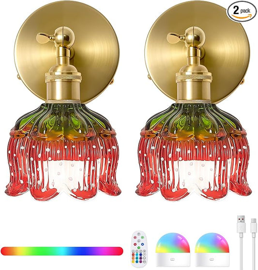 Vintage Battery Operated Wall Sconce:Set of 2 Rechargeable Strawberry Light | 5000mAh Flower Glass Cordless Mounted Lighting, Wireless Dimmable Powered Gold Sconces, Remote Control, Bedroom Bedside Decor