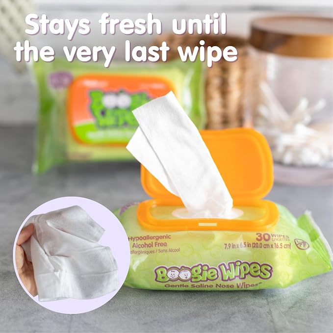 Boogie Wipes Saline Nose Wipes - 45 Count - Fresh Scent, Hypoallergenic & Alcohol-Free - Allergy Relief - Made with Natural Saline, Aloe, Chamomile & Vitamin E - Diaper Bag Essential