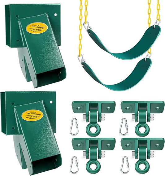 BETOOLL Swing Sets Brackets - 2 A-Frame Swing Set Brackets 4 Swing Hangers and 2 Swing Seats with All Mounting Heavy Duty Hardware Included - Swing Set Kit for Porch, Yard, Playground - Green