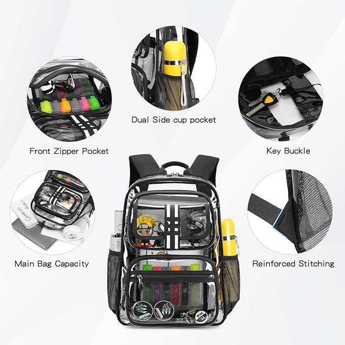 Cusangel Clear Backpack for kids,16in Heavy Duty Clear BookBag,TPU Large Capacity Black See Through bookbag for Stadiums,Concerts,Plastic transparente para mujer for 8Age+