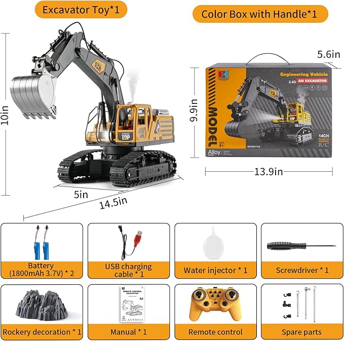 Remote Control Excavator Toys for Boys,14 Channel 1:14 RC Digger Construction Toys Tractor,Simulated Smoke, Sound, Lighting, Metal Digging Head, for Boys 6 7 8 9 10 11 12