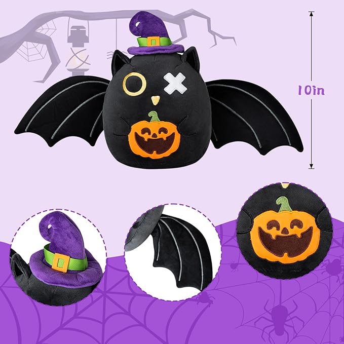 Halloween Black Bat Plush Pillow Toy, 10-inch Super Soft Cute Bat with Big Wings and Pumpkin Stuffed Animals for Kids Adult
