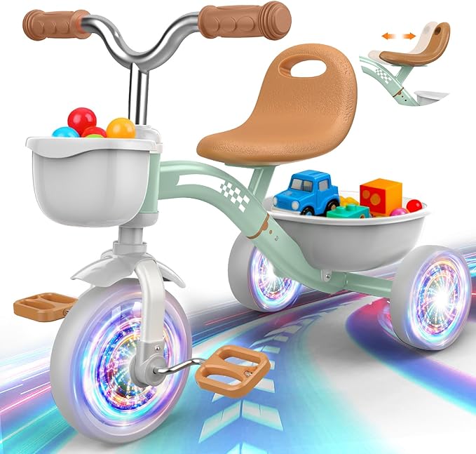 Toddler Tricycle for 1-3 3-5 Year Olds, 2 3 4 5 Year Old Boy Girl Birthday Gifts, Toddler Baby Bike, Outdoor Riding Toy for Ages 2-4, 4-Level Adjustable Seat, 3 Color Light Wheels, 2 Baskets