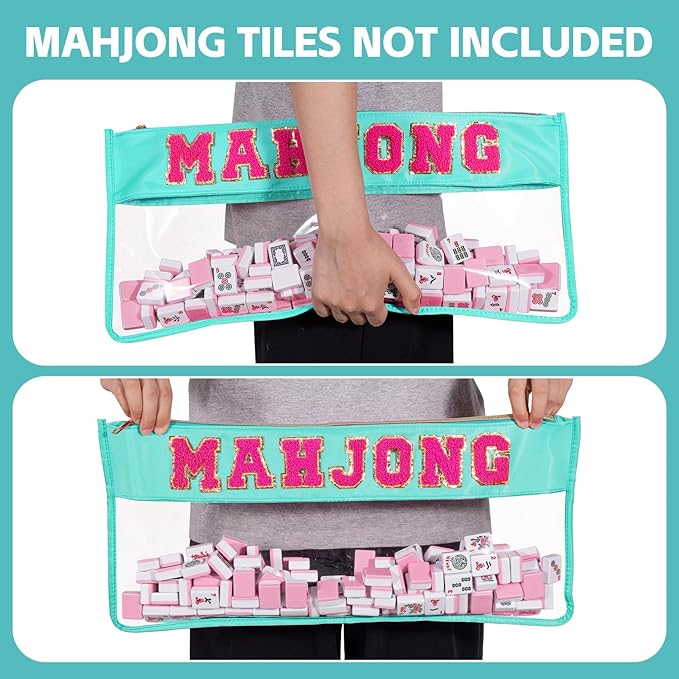 Empty Mahjong Tile Bag with Zipper, PVC Clear American Mahjong Storage Holder with Letter Embroidery for Game Lover Party Travel - Case Only