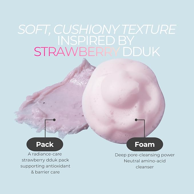 Busan Strawberry Dduk Pack Cleanser – 3-in-1 Korean Pack & Foam Wash with Rice & Strawberry Powder – Hydrating Neutral pH Amino Acid Wash – Vegan K-Beauty Facial Cleanser, 4.23 oz