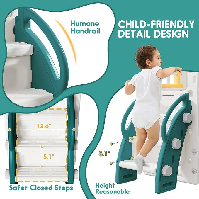 Toddler Slide for Kids with Climber Basketball Hoop, Storage Space, Telescope Kids Indoor Slide Baby Slide for Outdoor Play Upgraded Toddler Indoor Playground with Wider and Longer Slideway Upgraded