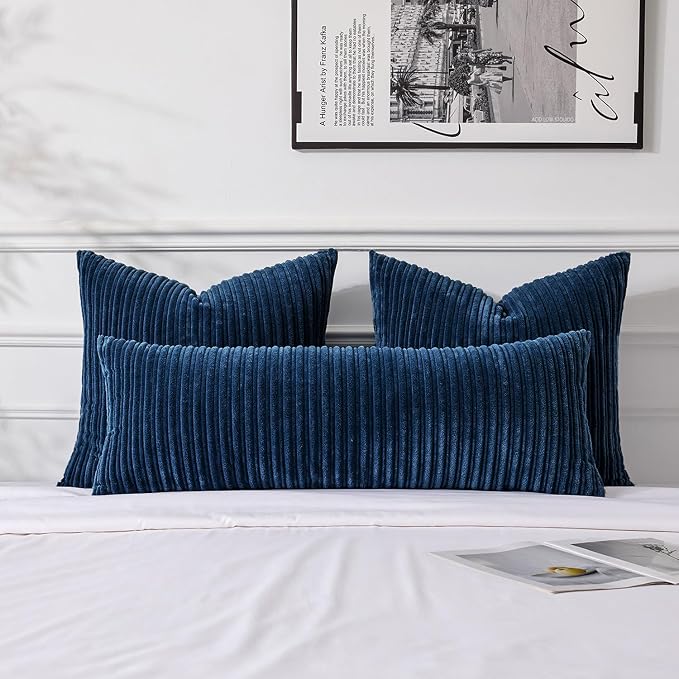 UGASA 14x36 Inch Pillow Cover Pack of 1 Soft Boho Stripe Corduroy Large Long Rectangle Lumbar Cushion Case Farmhouse Decorative Throw Pilowcase for Bed, Couch, Sofa, Bedroom, Living Room, Navy Blue
