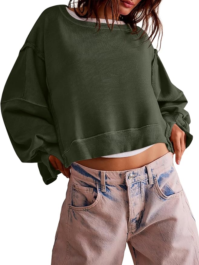 Zwurew Womens Casual Sweatshirt Cropped Shirts | Loose Fit, Tee Top, Pullover, Crop Hem, Design Trim, Daily Tops