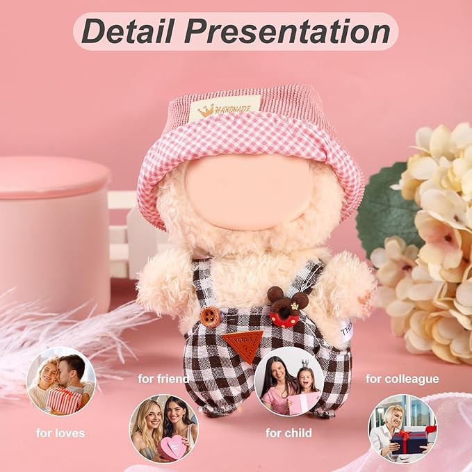 17cm Doll Clothes Set (No Doll) – Outfit with Hat & Overalls, Handmade Accessories for Mini Dolls, OB11-Compatible Dress-Up Gift (Pink Hat)