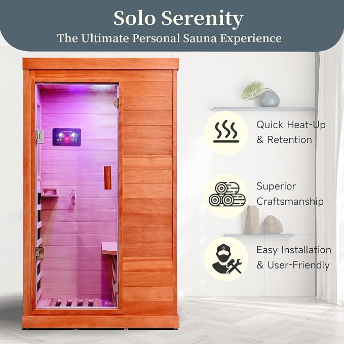 Sauna 1 Person Far Infrared Saunas for Home Low Emf Indoor Sauna | Wood Dry Sauna Room with Tempered Glass Door Speakers 7 Color Lighting Fast Heating Easy Assembly 35.2 * 27.6 * 61.6"