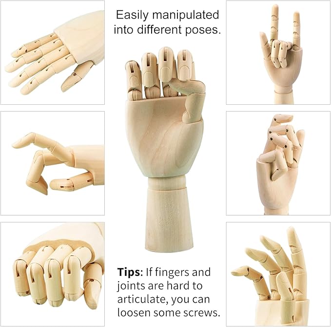 2-Pack 12" Art Drawing Hand Model,8" Artist Wooden Mannequin Figure Human People Dolls Manikin Supplies Stop Motion Figure Kit,Wooden Tools Posable Figure for Drawing,Painting,Sketching