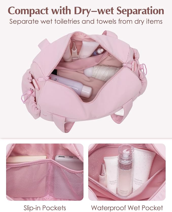 Small Gym Bag, Mini Gym Bag for Women with Yoga Mat Holder and Wet Compartment, Cute Mini Puffer Duffle Bag with Water Bottle Pocket for Workout Yoga Dance, Puffer Pink