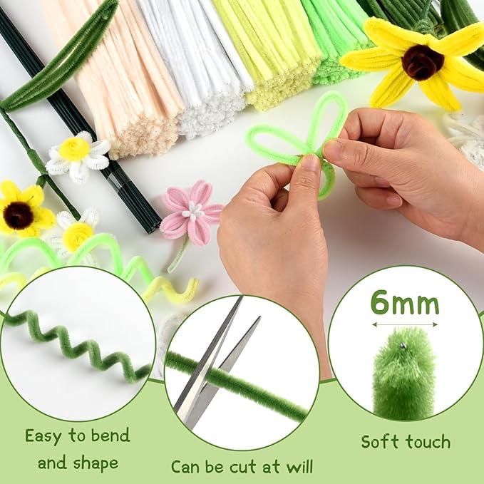 ASTARON 521 Pcs Pipe Cleaners Craft Set, 5 Colors Pipe Cleaners Bulk Pastel Chenille Stems for Craft Pipe Cleaner Flowers Making Kit with Floral Wires, Gardening Tape (Green Yellow Series)